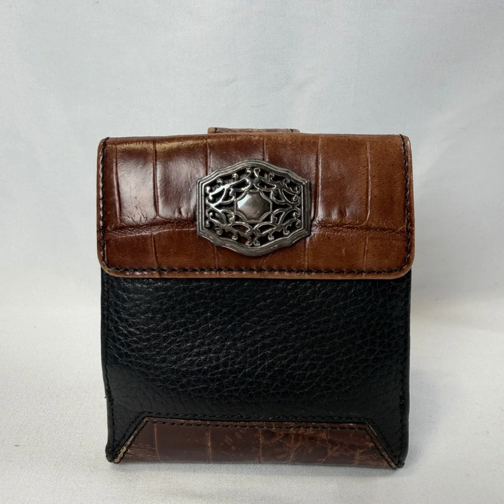 Brighton Bifold Wallet Womens Brown Black Leather Croc Embossed Silver Filigree